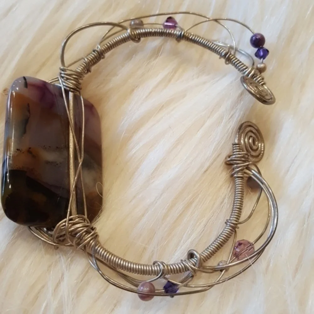 HANDMADE PURPLE WIRE WRAPPED‎ SILVER  BRACELET Large Amethyst Stone